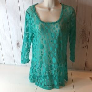 LYNN RITCHIE SILVER Teal Sheer Textured 3/4 Sleeve Top Women’s Size Small EUC